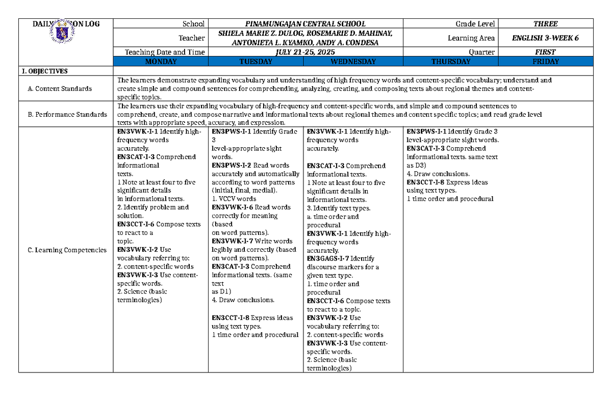 DLL - English 3 - Quarter 1 - Week 6 Lesson Plan - Studocu