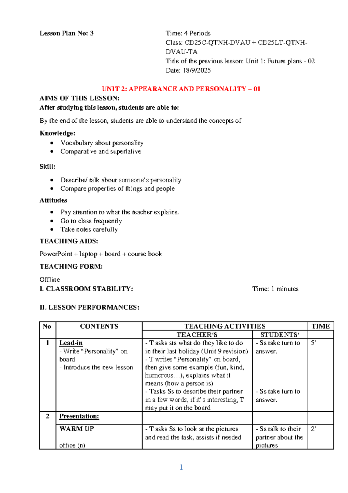 Lesson Plan No: 3 - Unit 2: Appearance & Personality (4 Periods) - Studocu