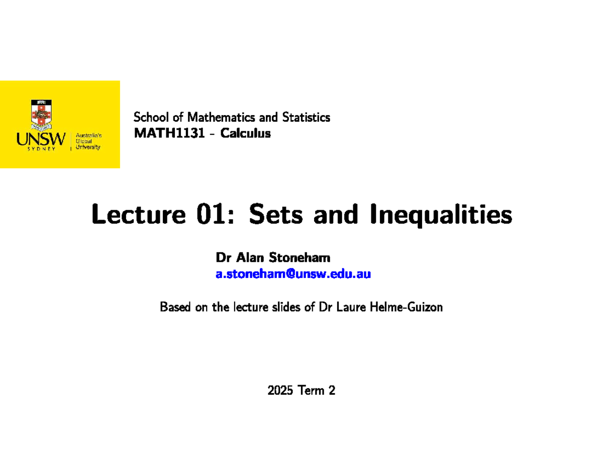 MATH1131 Lecture 01: Sets and Inequalities - Annotated Notes - Studocu
