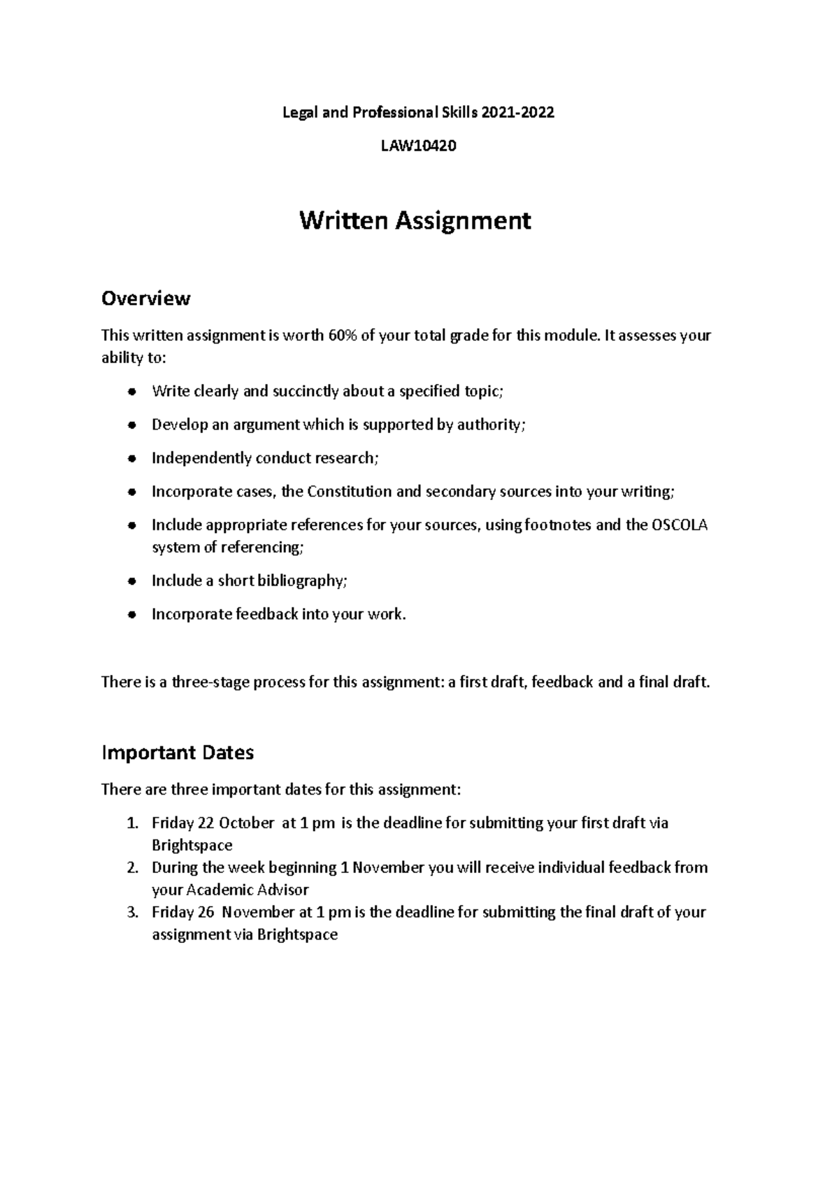 LPS Written Assignment 2021-2 - Legal and Professional Skills 2021- LAW ...