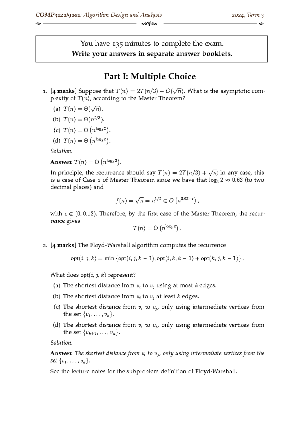 Algorithm Design and Analysis J 2024, Term 3 K - Sample Exam Solutions ...