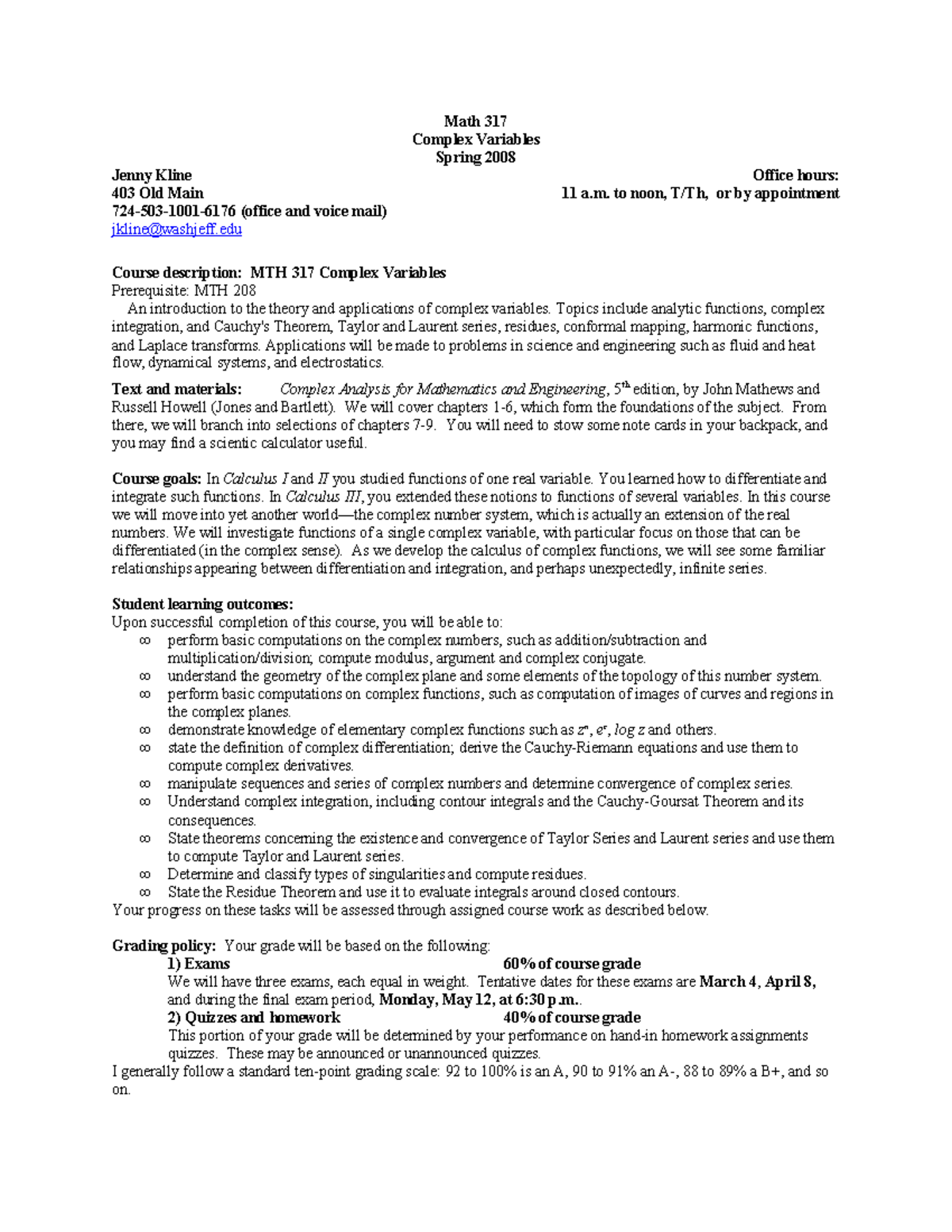 MTH 317 Complex Variables Syllabus - Spring 2008 - Studocu