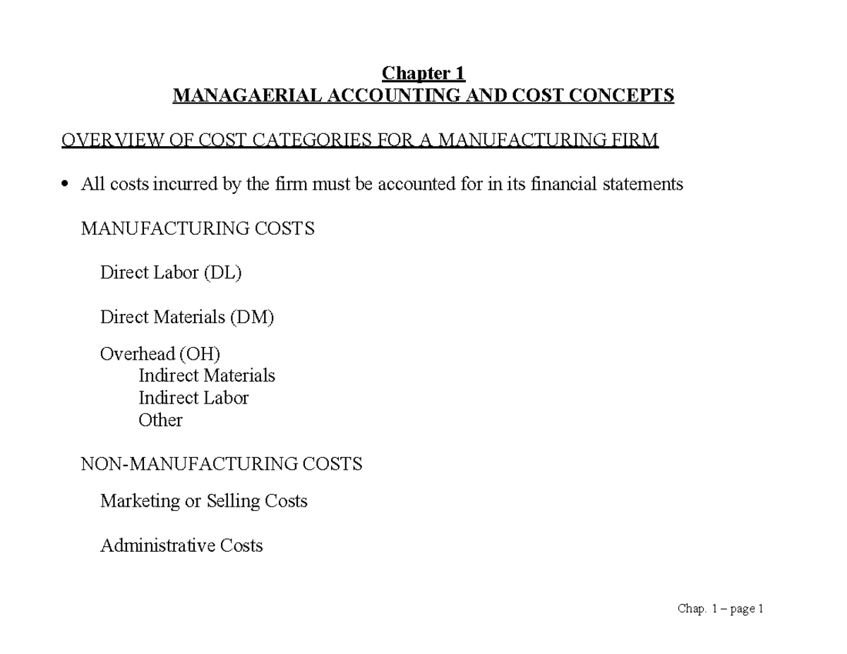 Chapter 1: Managerial Accounting & Cost Concepts Overview (ACCT 101 ...