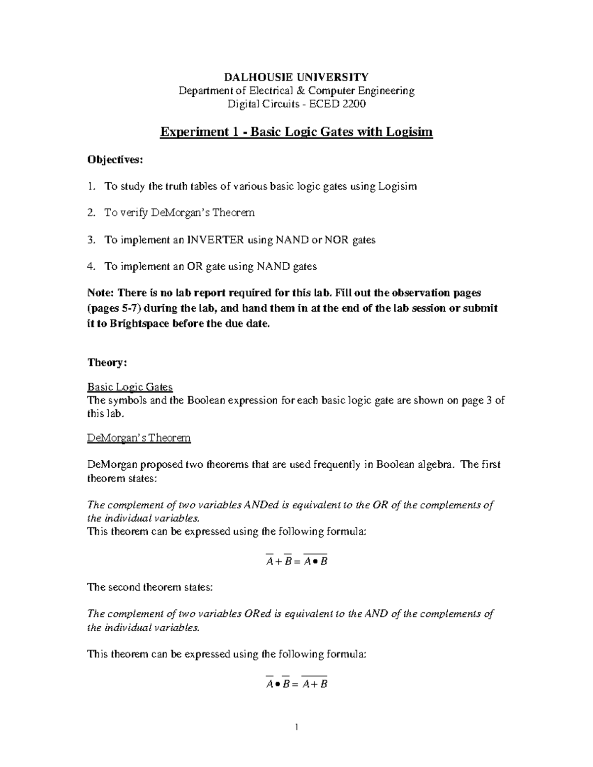 Lab1 - Basic logic gates with logism lab report manual - DALHOUSIE ...