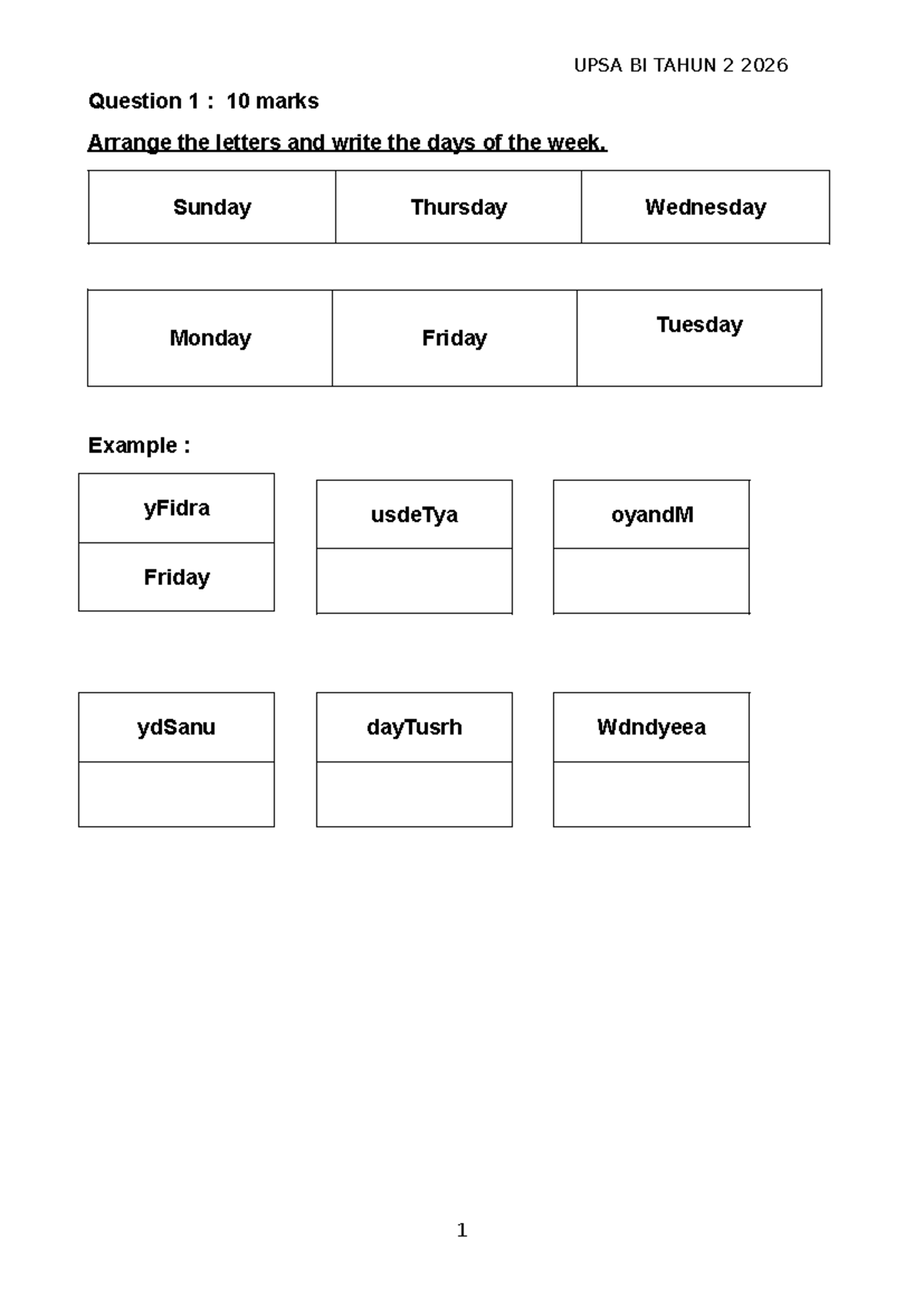 UPSA BI T2 2026 - Year 2 English Exercises and Questions - Document Preview