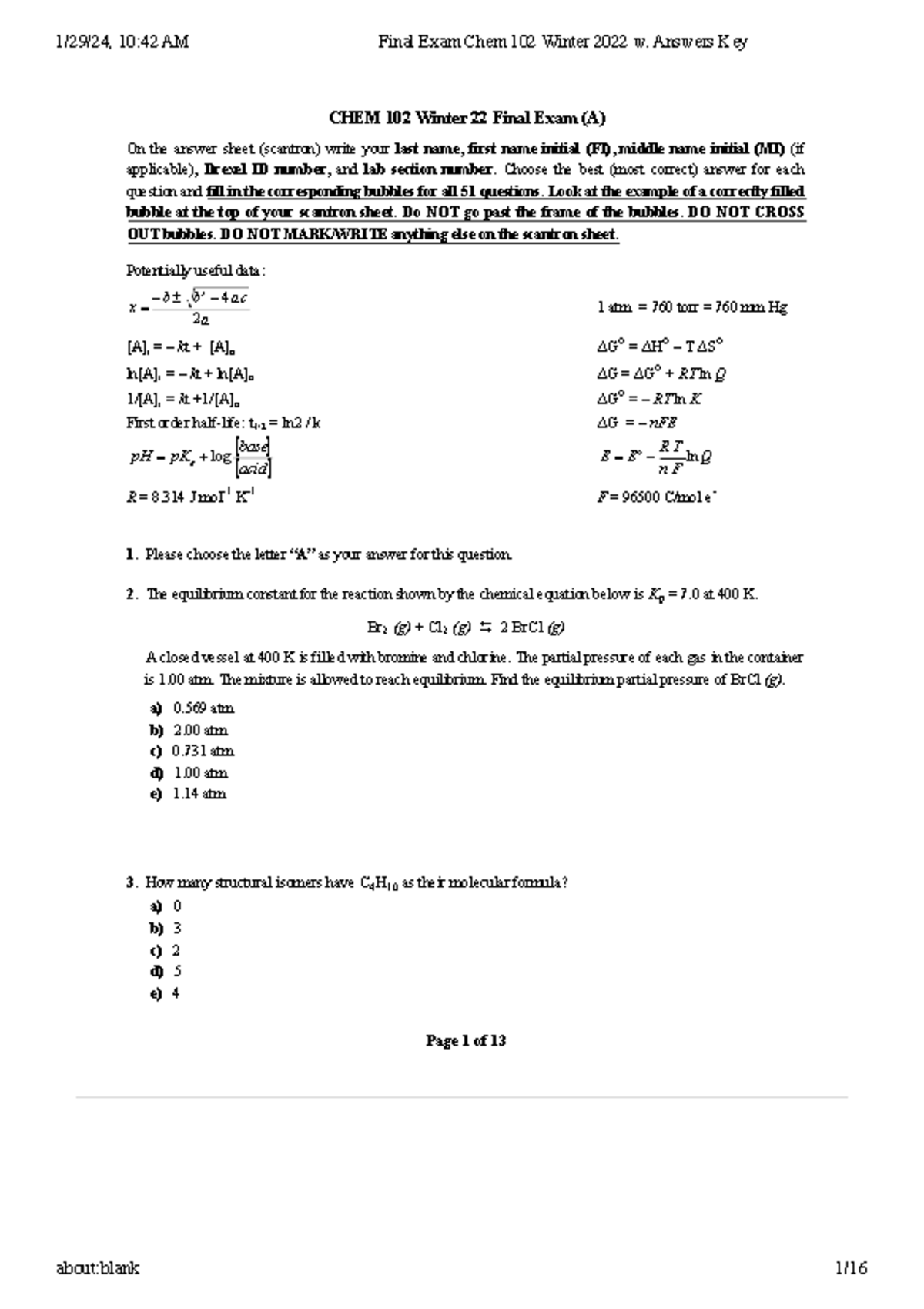Final Exam Answers Key for CHEM 102 Winter 2022 - Studocu