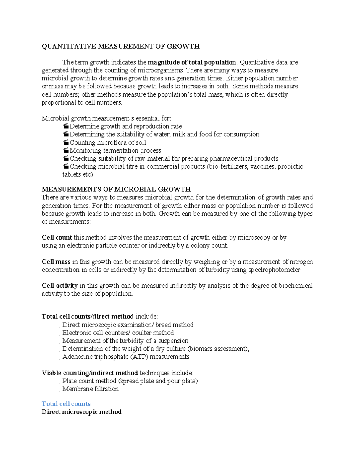 QUANTITATIVE MEASUREMENT OF MICROBIAL GROWTH METHODS - Studocu