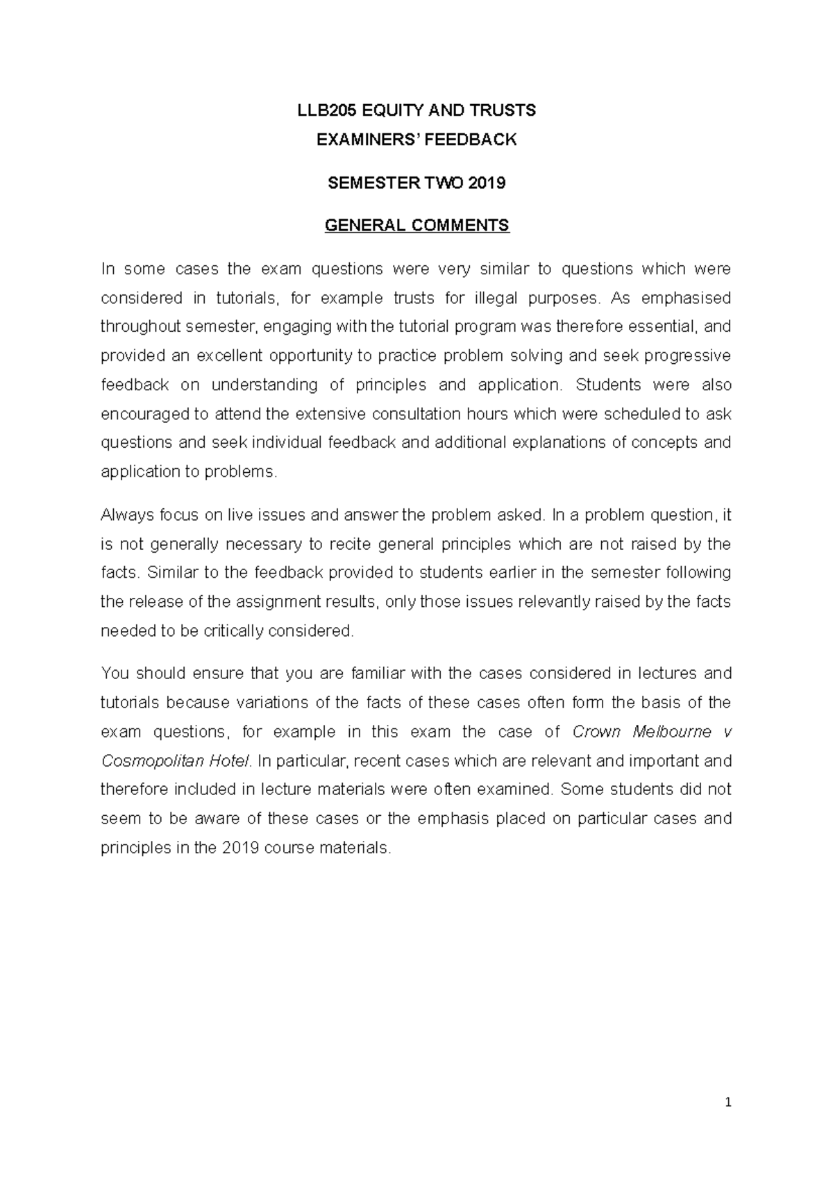 FINAL EXAM FEEDBACK 2019 - LLB205 EQUITY AND TRUSTS EXAMINERS’ FEEDBACK ...