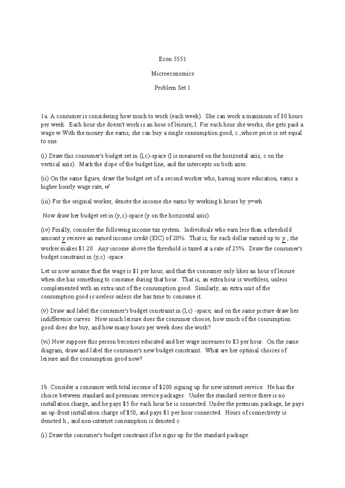 PS1 Econ 5551 - Microeconomics Problem Set Analysis and Solutions - Studocu