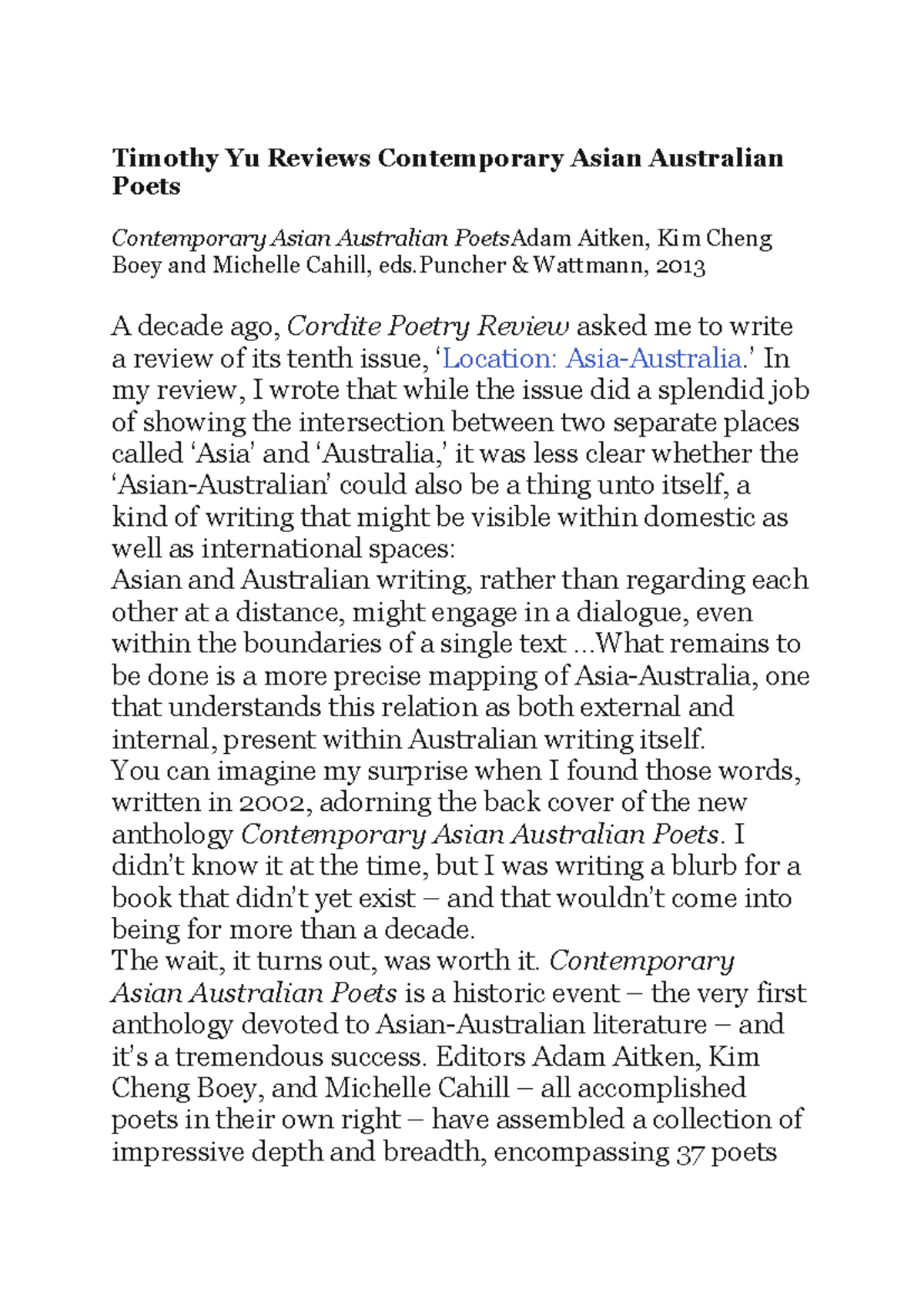 Session 3 Timothy Yu Review. Asian aust poets docx - Timothy Yu Reviews ...