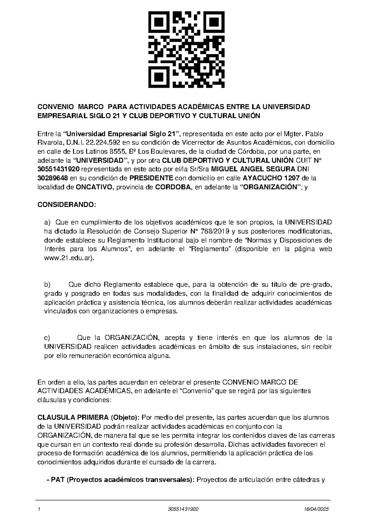 Convenio Marco de Actividades Académicas UES21 y Club Unión - Studocu