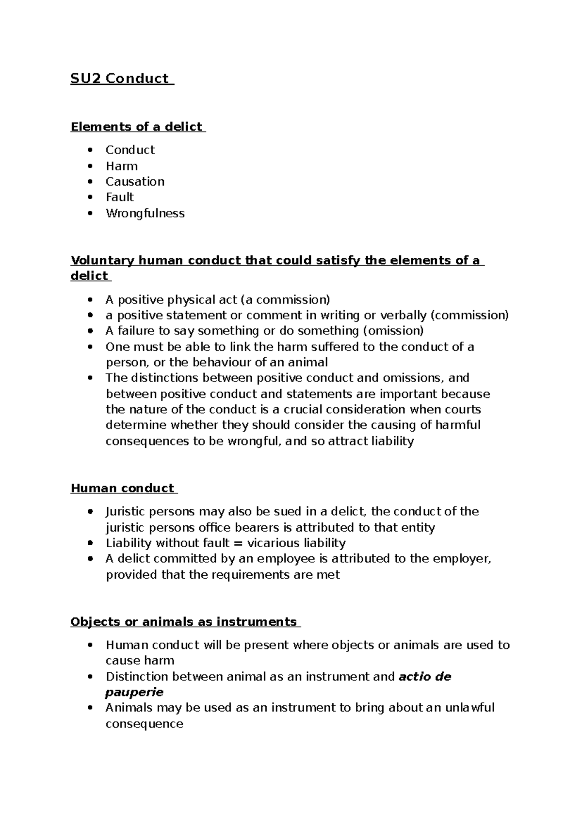 SU2 Conduct Elements of a Delict: Harm, Causation, and Liability - Studocu