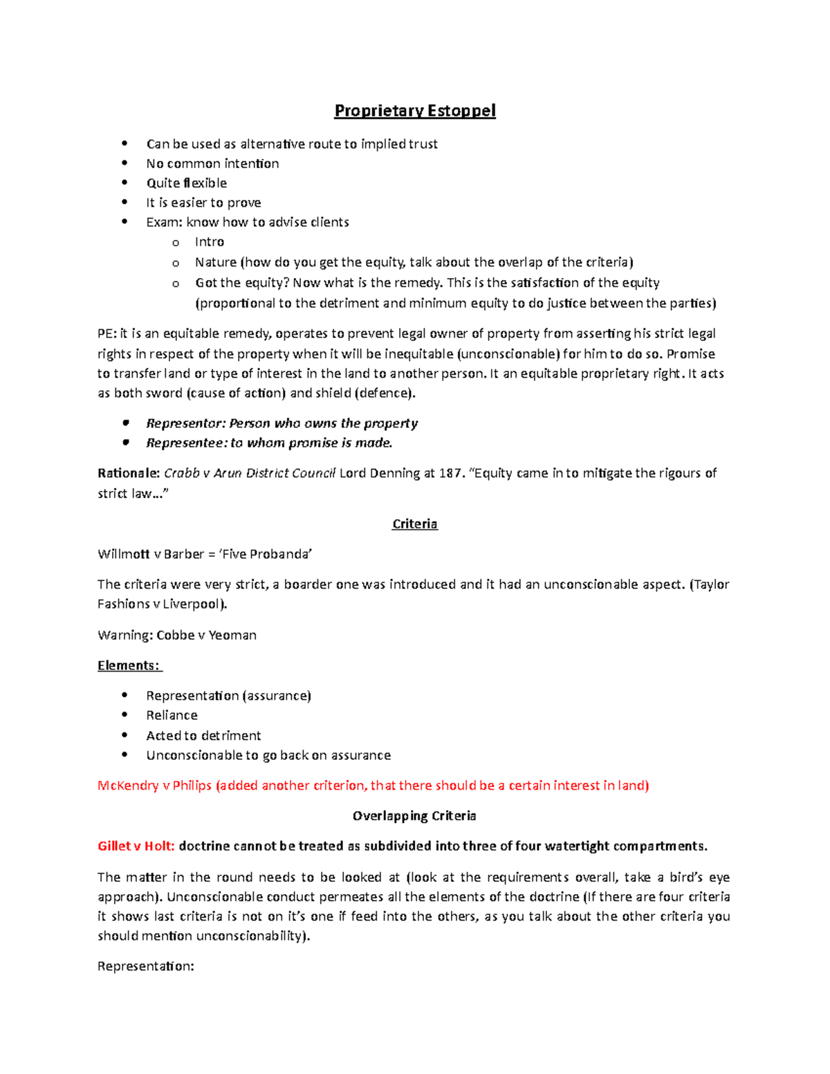 Proprietary Estoppel - Lecture Notes on Key Concepts & Cases - Studocu