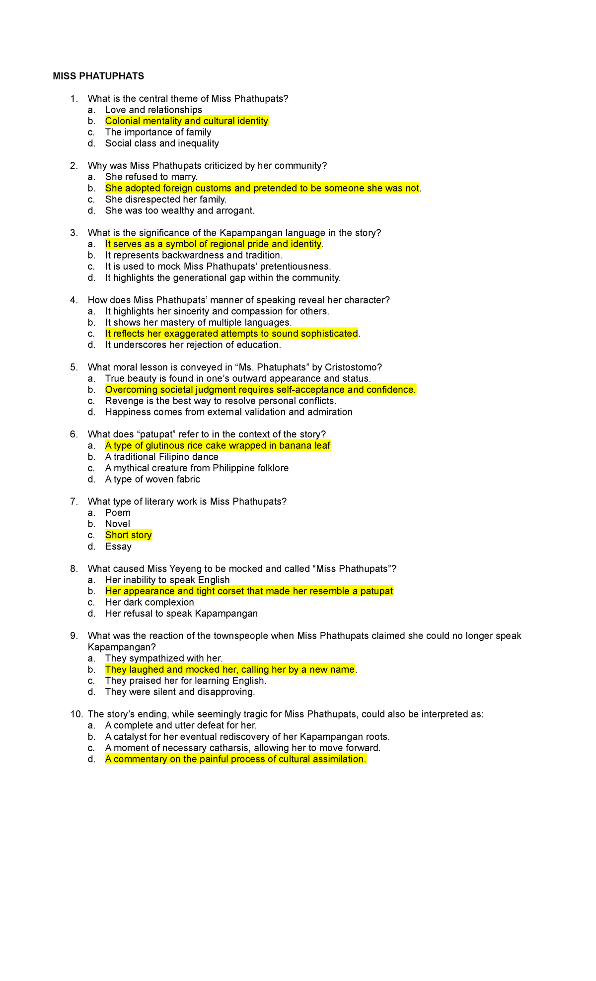 Miss Phathupats Quiz: Understanding Themes and Characters - Studocu