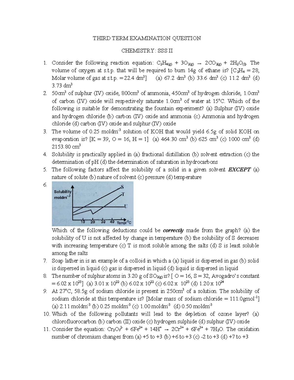 SS1-2 Chemistry Third Term Exam Questions and Solutions - Studocu