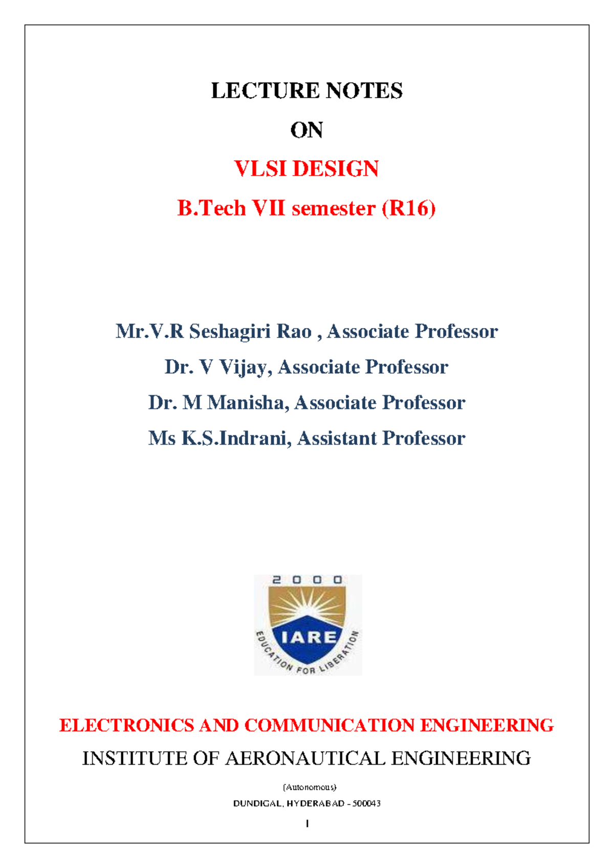 VLSI Design Lecture Notes - B.Tech VII Sem (R16) Compressed Summary ...