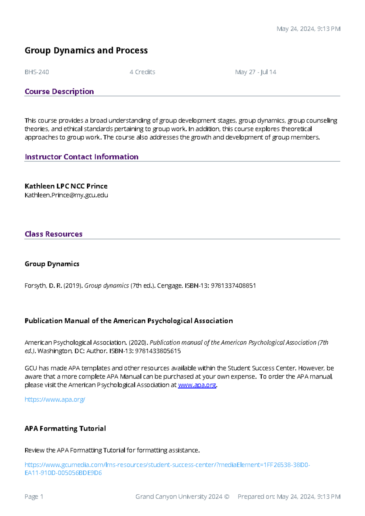 Revised Syllabus for BHS-240 Group Dynamics Course (May 27 - Jul 14 ...