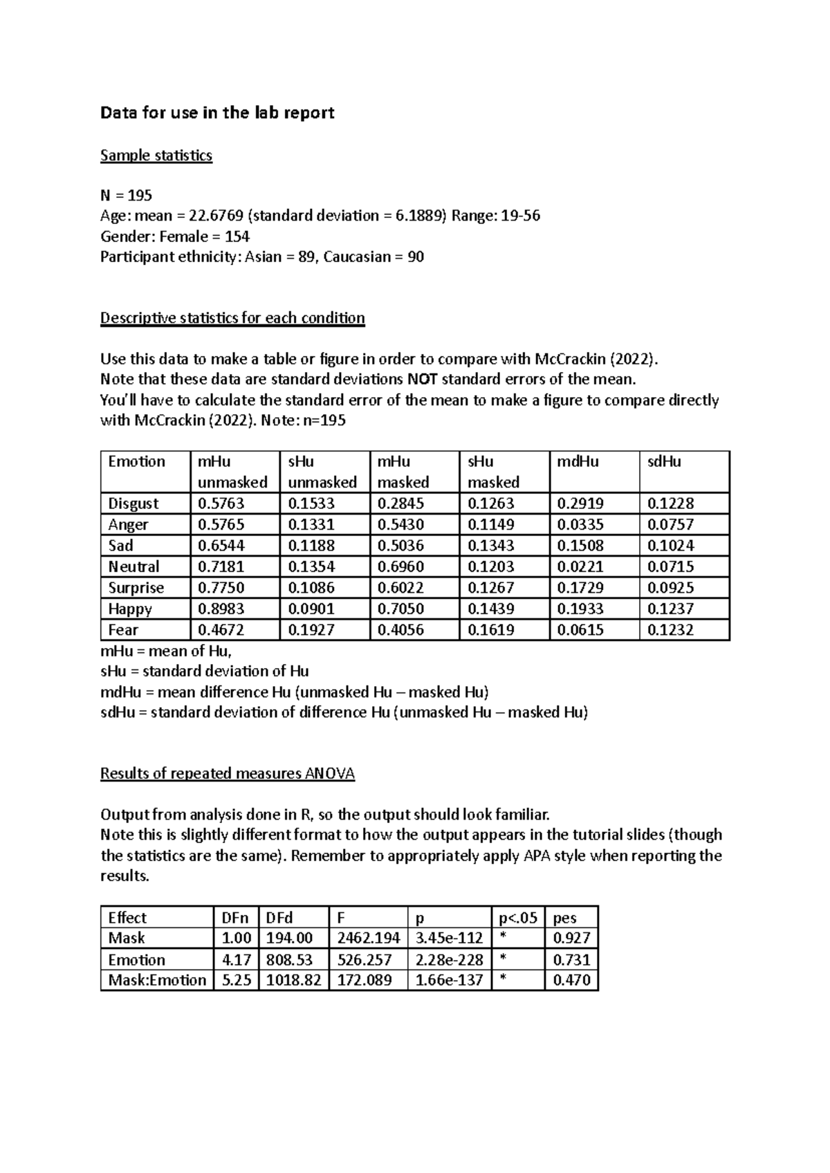 Data for use in the lab report 2025 - Data for use in the lab report ...