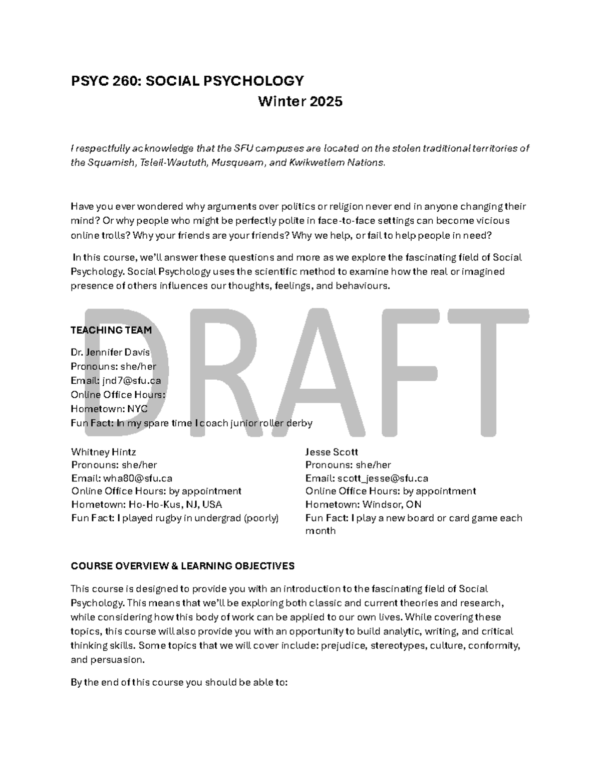 PSYC260 S25 SFU Draft Syllabus - PSYC 260: SOCIAL PSYCHOLOGY Winter ...