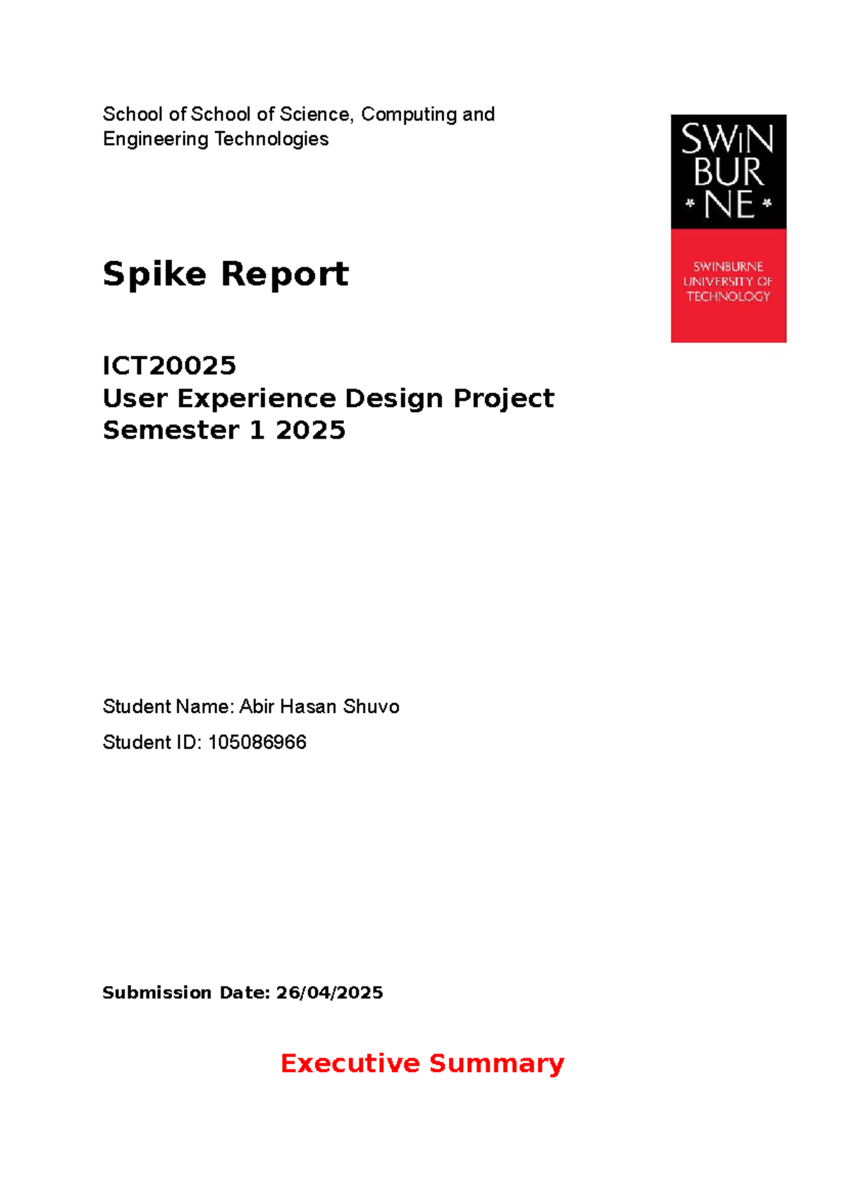Spike Report on User Experience Design Project for ICT20025 - Semester ...