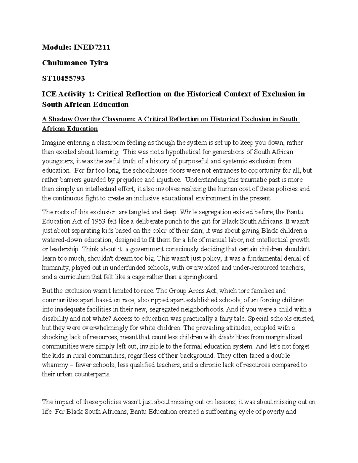 INED7211 ICE Activity 1: Reflection on Historical Exclusion in SA ...