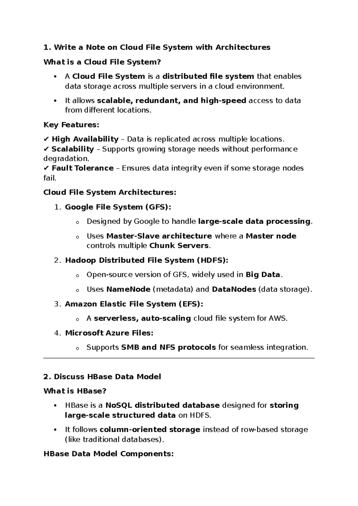 Cloud File System & HBase Data Model Notes (CC Unit 2 - SFBFDB) - Studocu