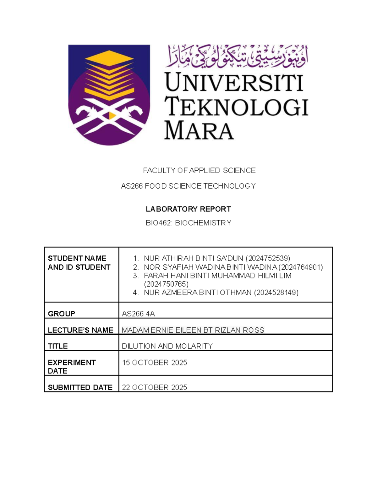 BIO462 AS266 Food Science Lab Report: Dilution & Molarity Experiment ...