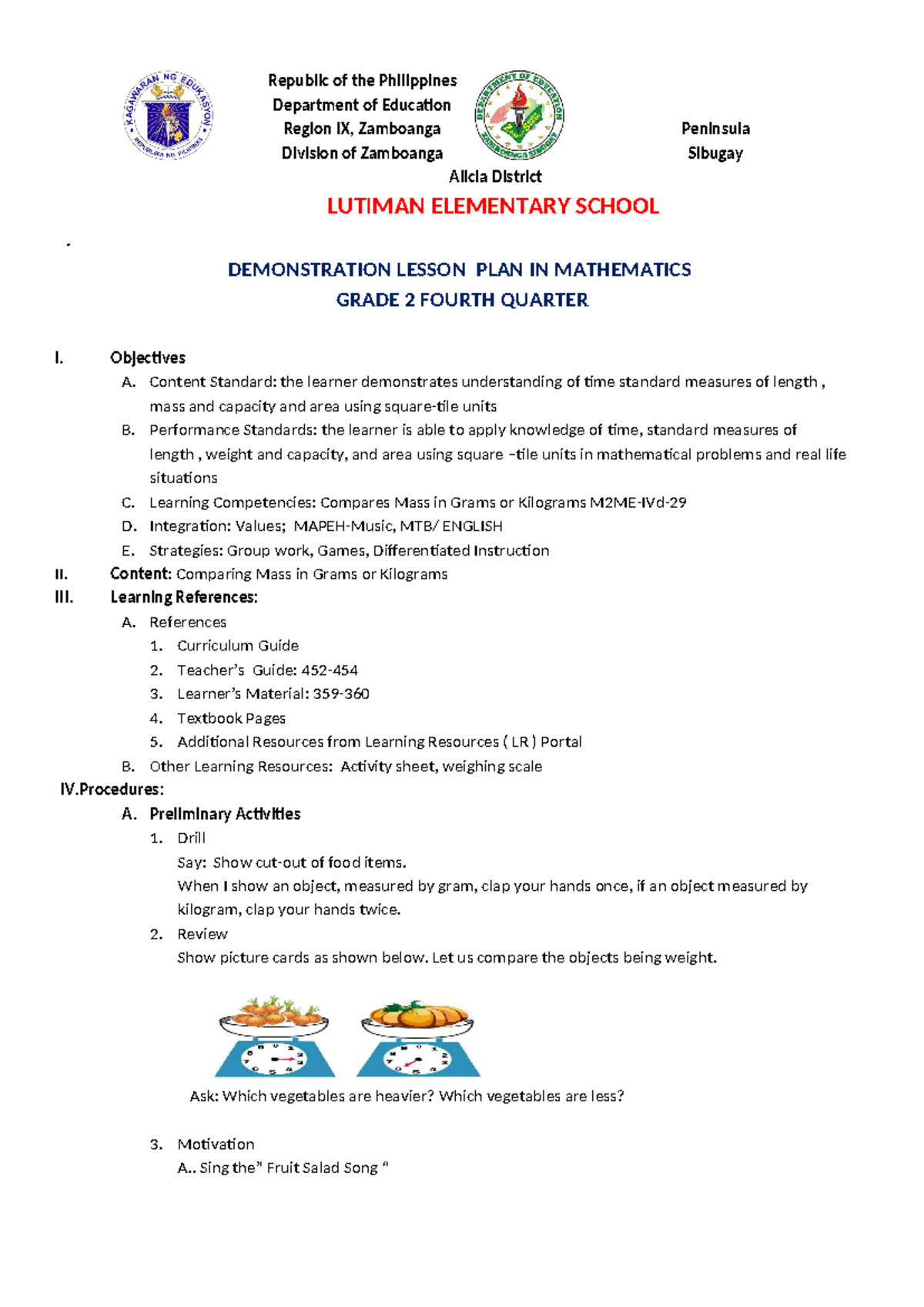 Grade 2 Math COT Fourth Quarter Lesson Plan on Weight Comparison - Studocu