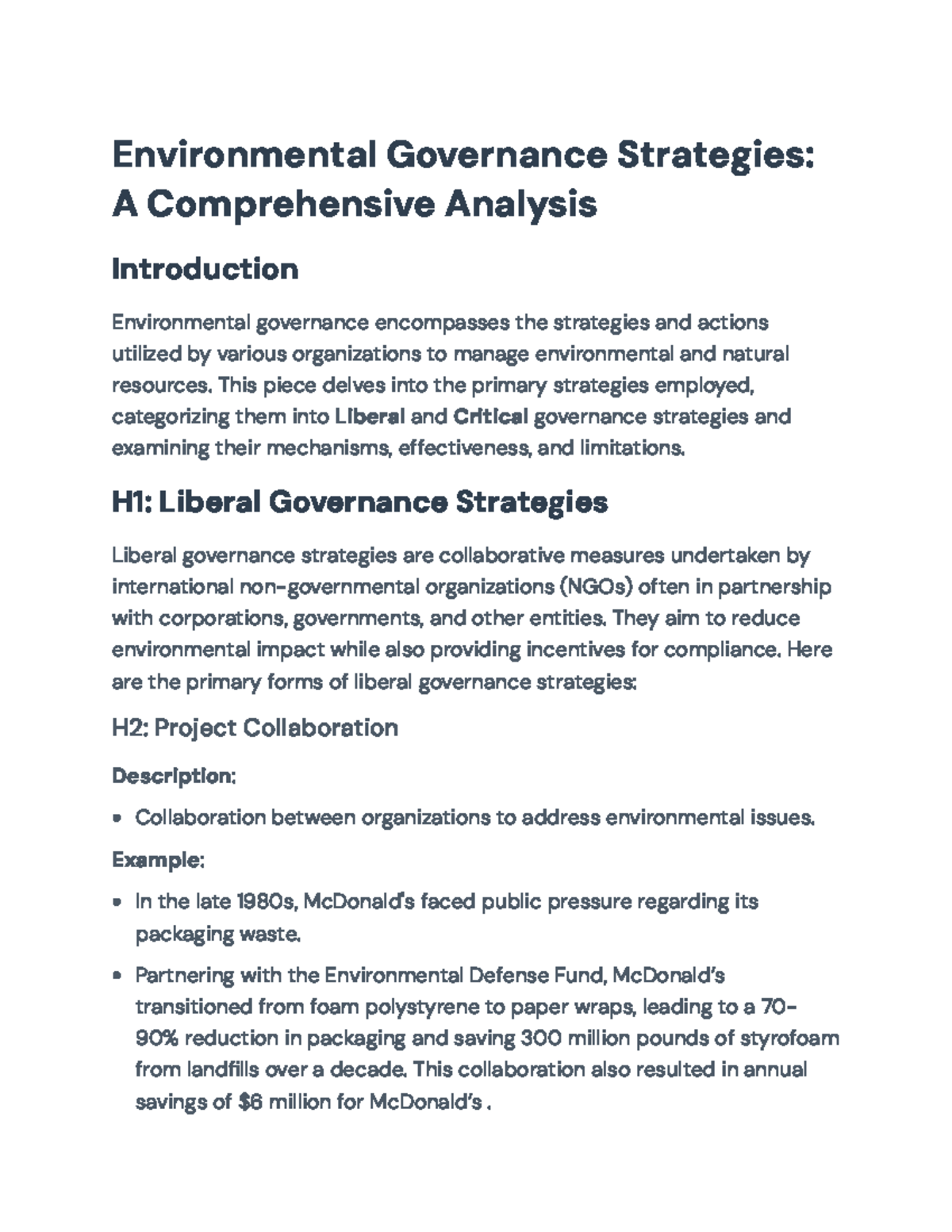Environmental Governance Strategies: Analyzing Liberal & Critical ...