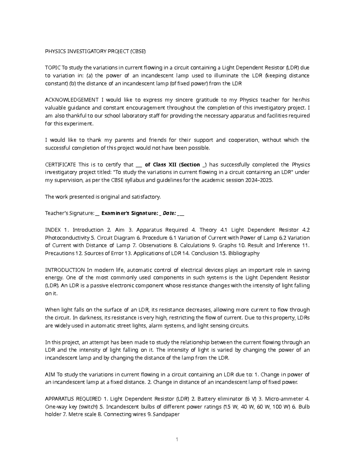 CBSE PHYSICS INVESTIGATORY PROJECT: LDR Current Variation Study - Studocu