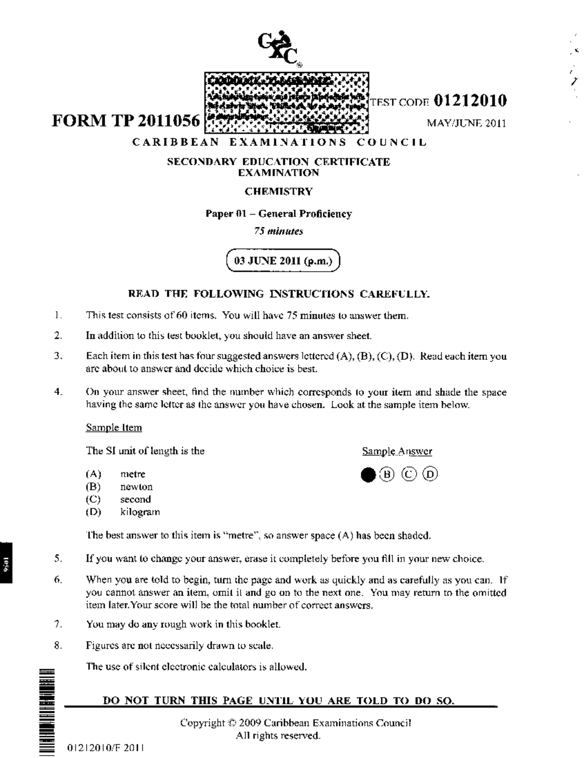 CSEC 2011 Chemistry Paper 01 General Proficiency Exam Guide - Studocu