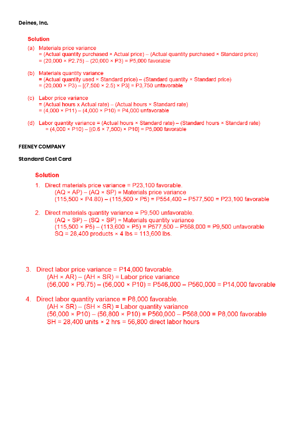 Cost Accounting 1234: Variance Analysis Solutions for Deines, Inc ...