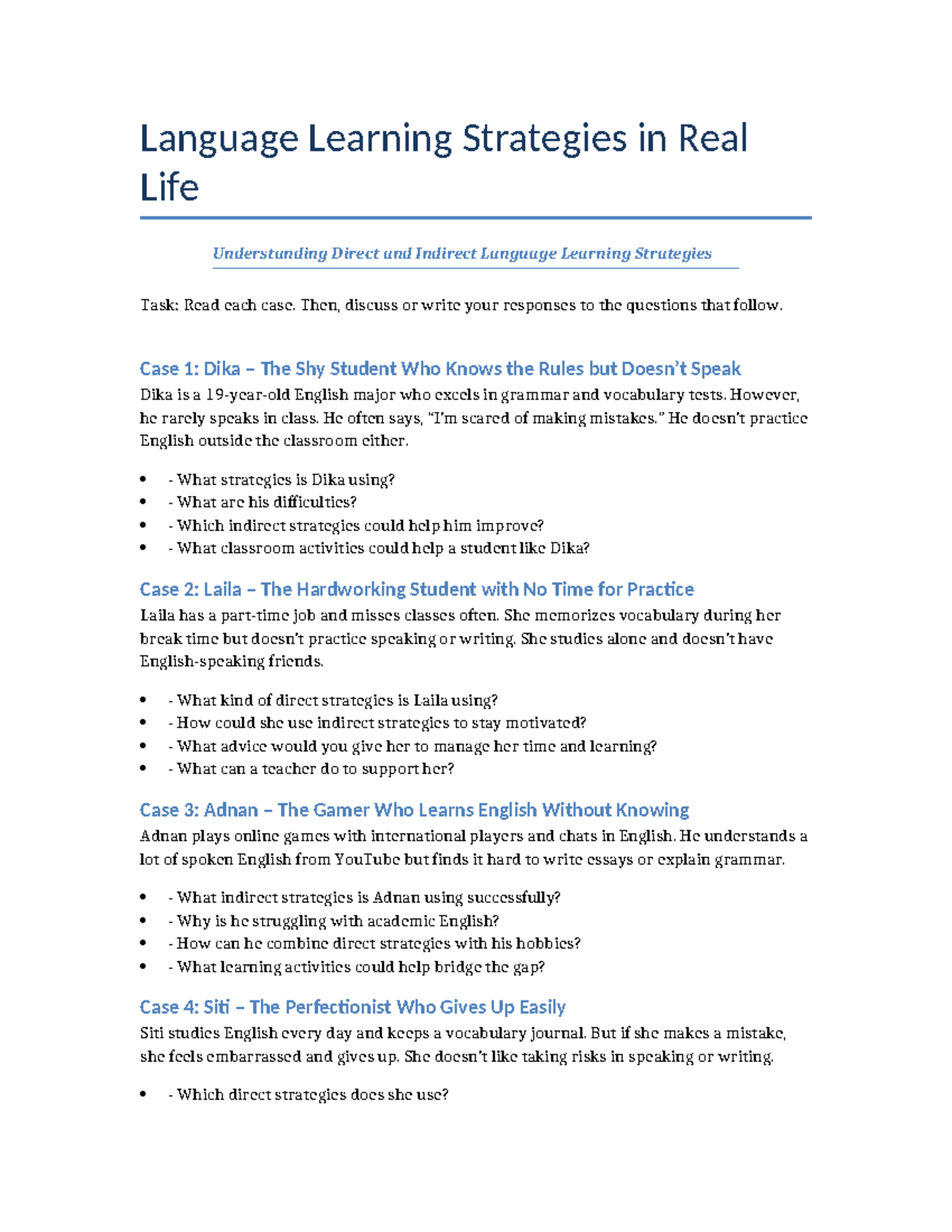 Language Learning Strategies: Case Studies Analysis for ESL - Studocu