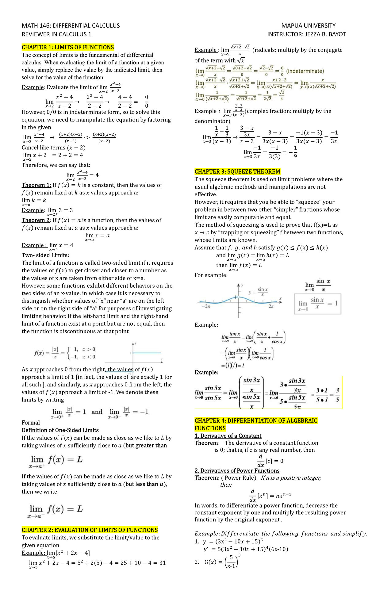 Math 146 Differential Calculus Final Exam Reviewer On Limits And