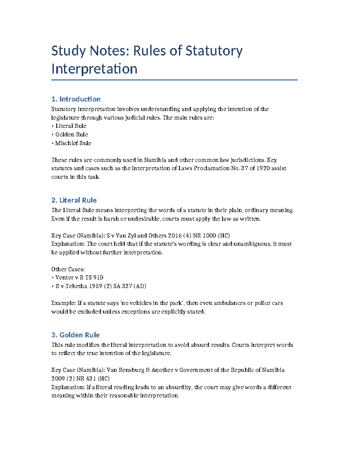 Unit 5 Study Notes: Rules of Statutory Interpretation in Namibia - Studocu