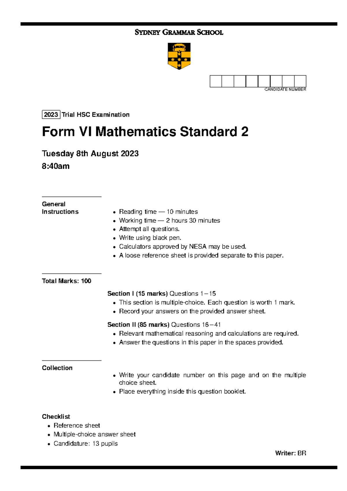 Sydney Grammar 2023 Trial HSC Exam Form VI Mathematics Standard 2 ...