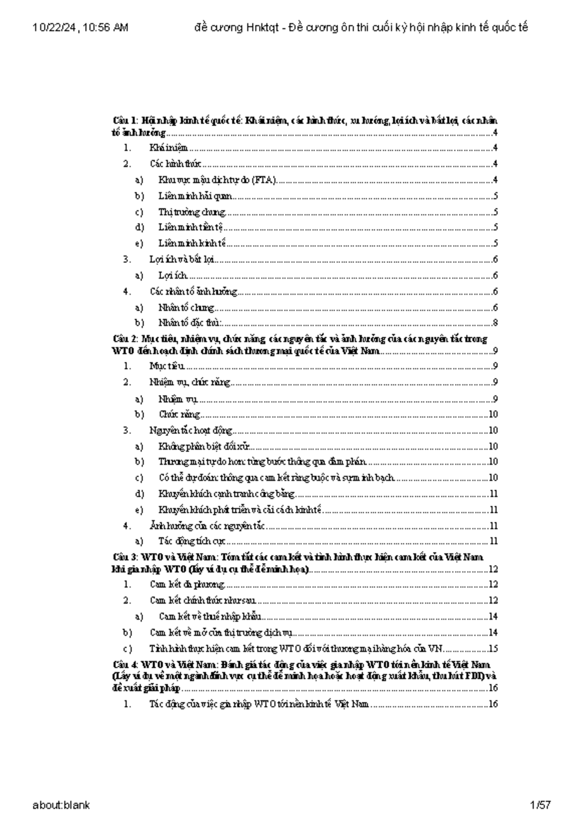 Đề cương ôn thi cuối kỳ Hnktqt: Hội nhập kinh tế quốc tế và Việt Nam - Document Preview