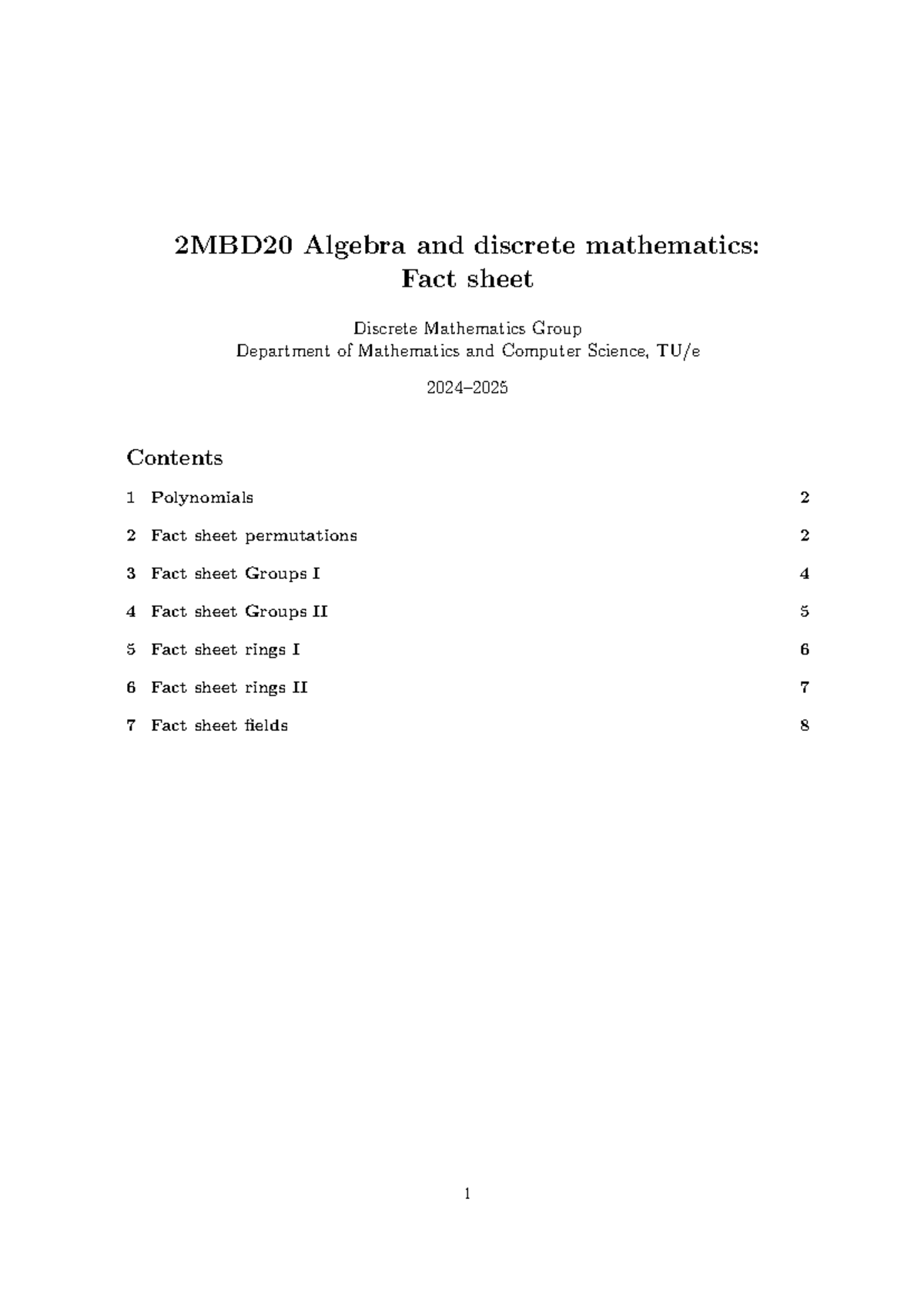 2MBD20 - Algebra and Discrete Mathematics Factsheets Overview - Studeersnel