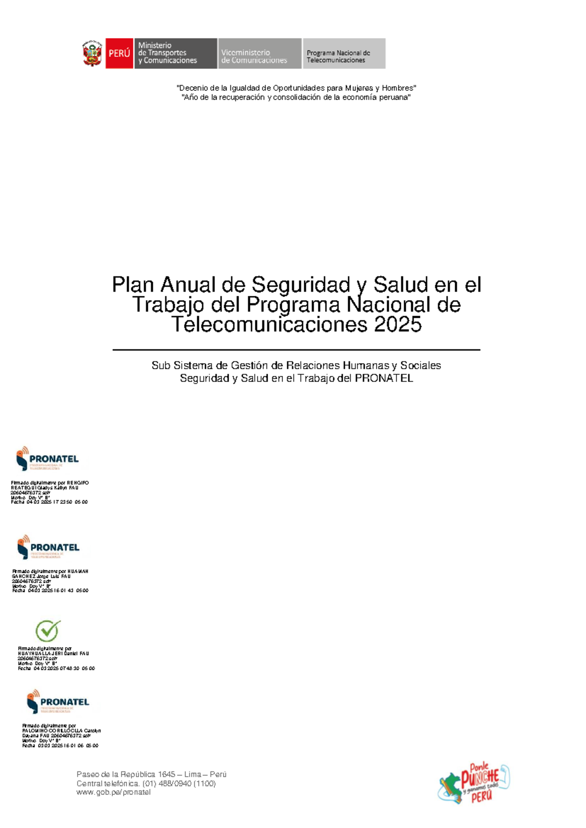 Plan Anual de Seguridad y Salud en el Trabajo 2025 - PRONATEL - Studocu