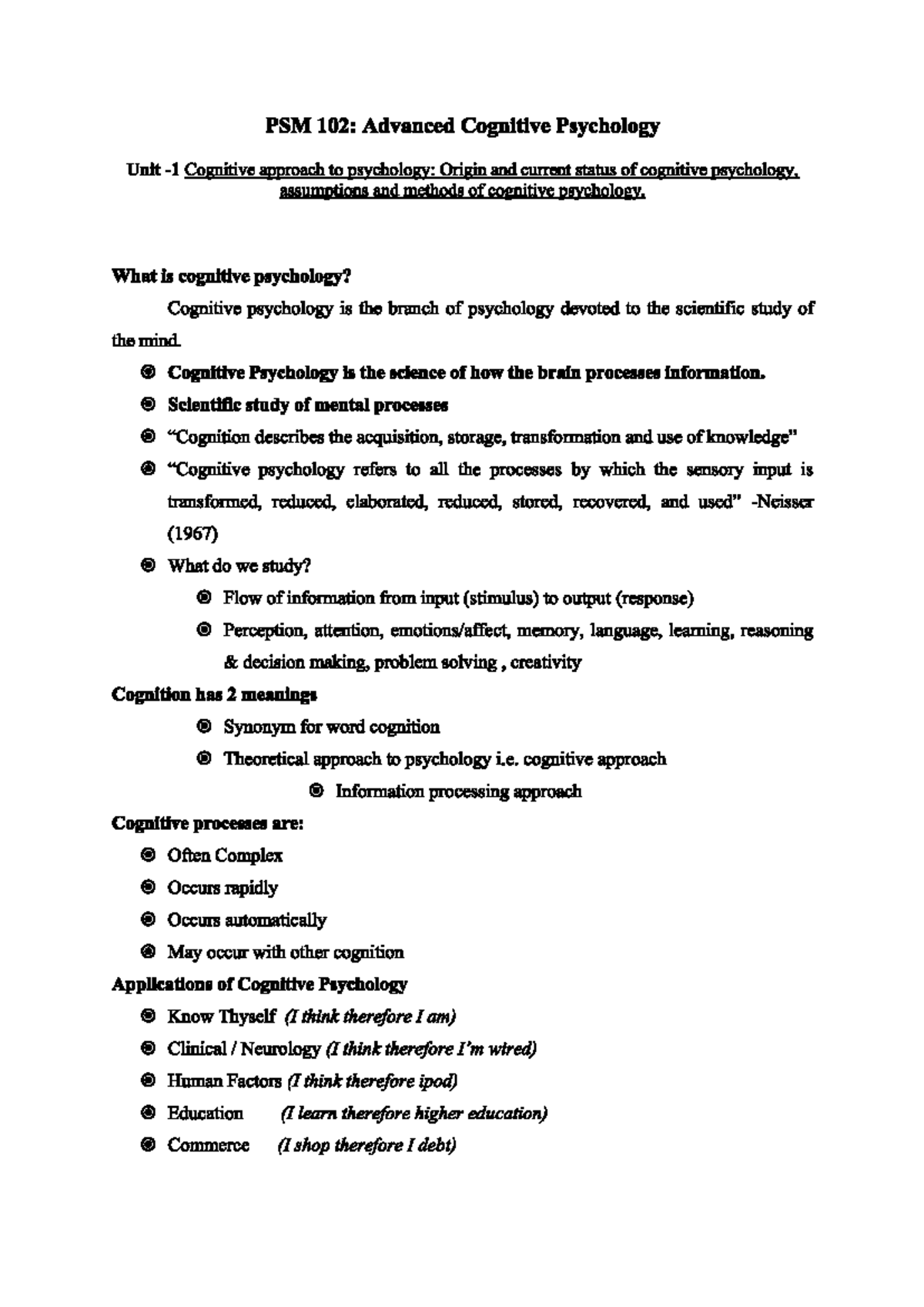 PSM 102: Advanced Cognitive Psychology - Unit 1 Overview - Studocu