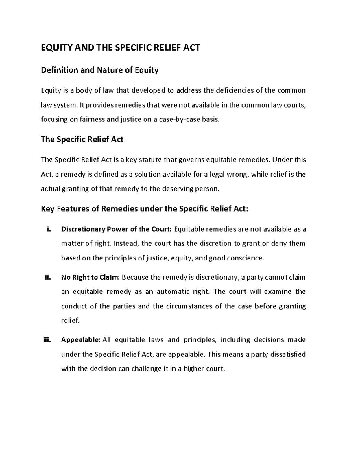 EQUITY AND THE SPECIFIC RELIEF ACT: Definition, Nature, and History ...