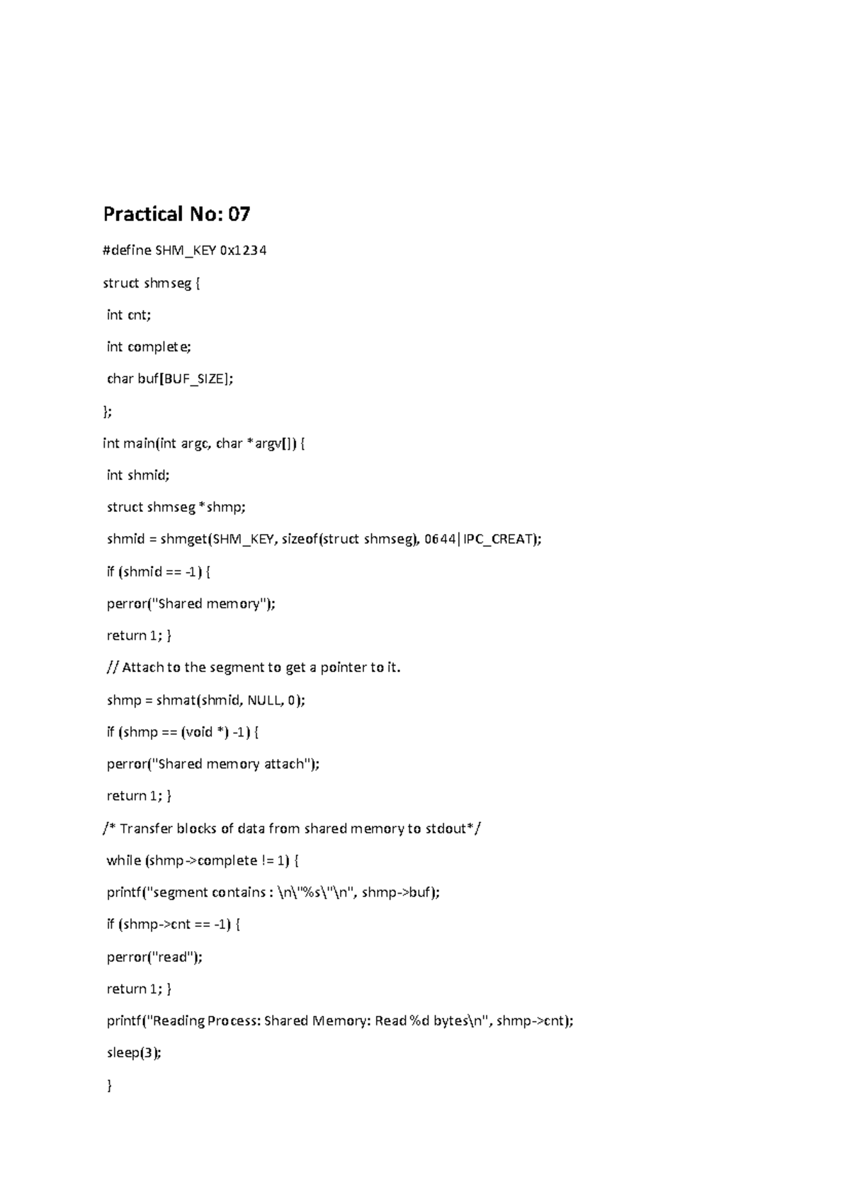 Practical No. 07: Shared Memory in OS - Lecture Notes - Studocu
