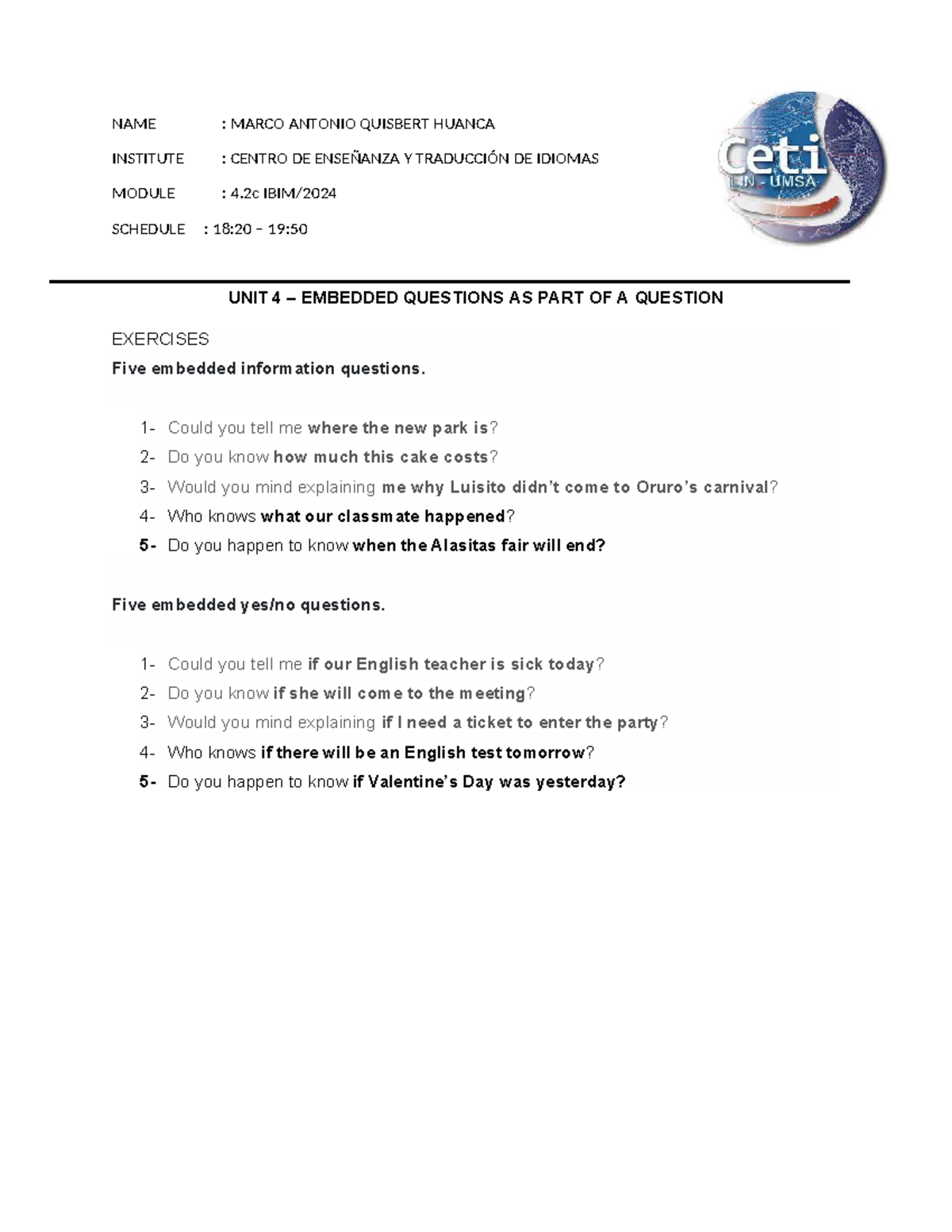 Embedded Questions - Module 4.2c IBIM Exercises - Studocu