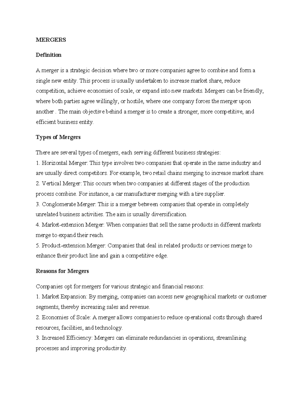 Funding, Corporrte Structure - MERGERS Definition A merger is a ...