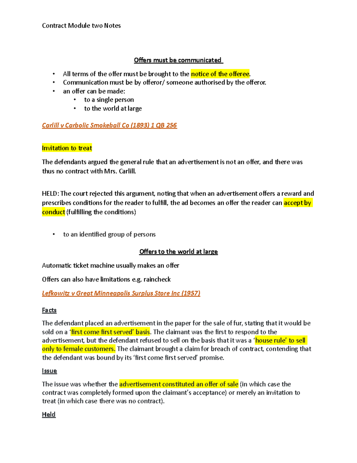 Contract Law Module 2: Key Concepts and Case Summaries - Studocu