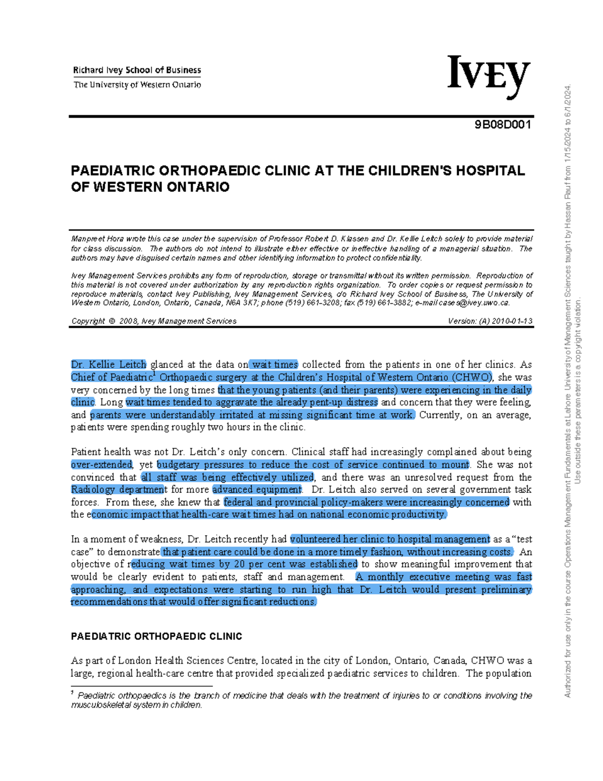 9B08D Case Study on Paediatric Orthopaedic Clinic Operations - Studocu