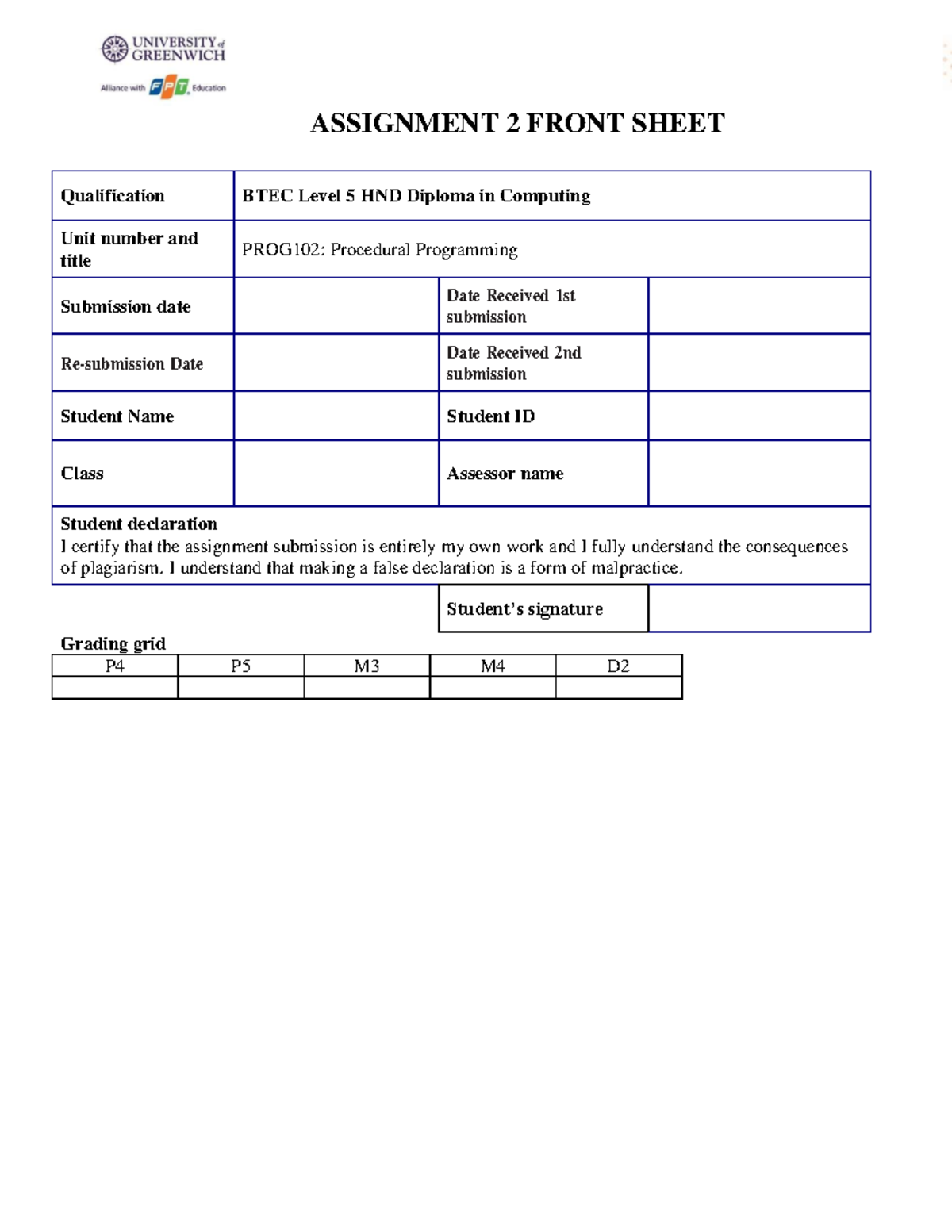 Assignment 2 PROG102 - ASSIGNMENT 2 FRONT SHEET Qualification BTEC ...