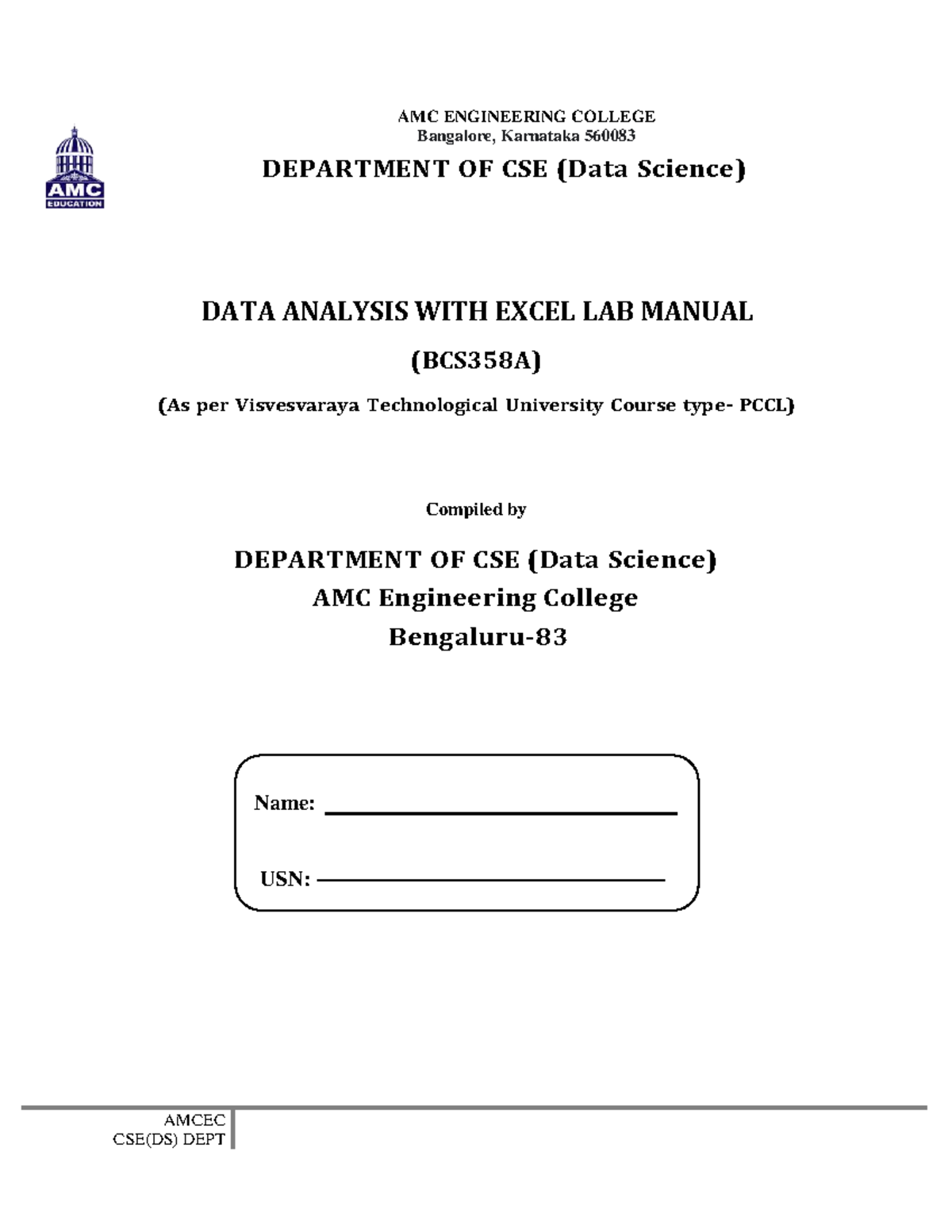 Amcec Data Science Excel Lab Manual (BCS358A) - Studocu