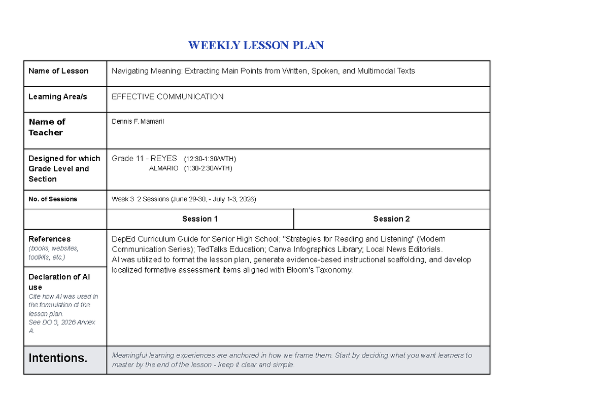 Grade 11 Lesson Plan: Navigating Meaning in Texts (Week 3) - Studocu