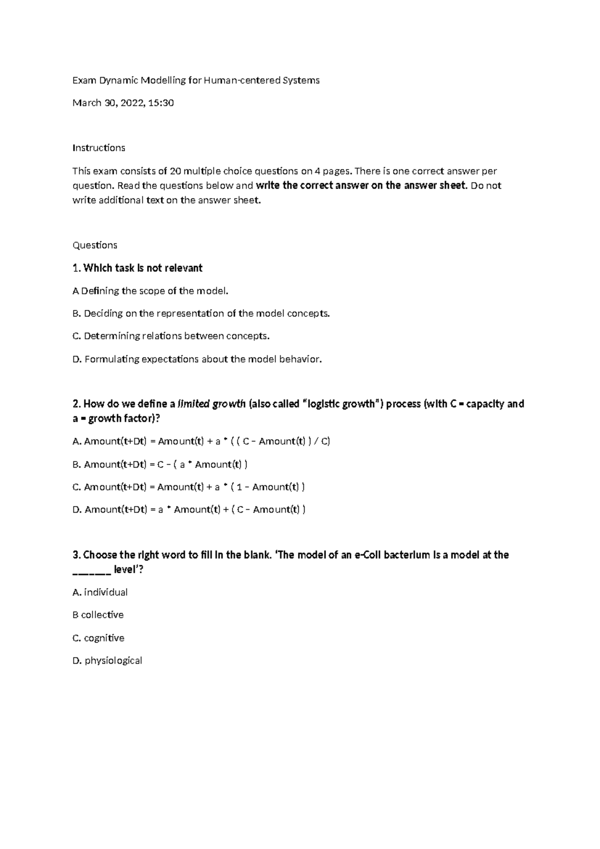 Dynamic Modelling Exam 2022 - Human-centered Systems Questions ...